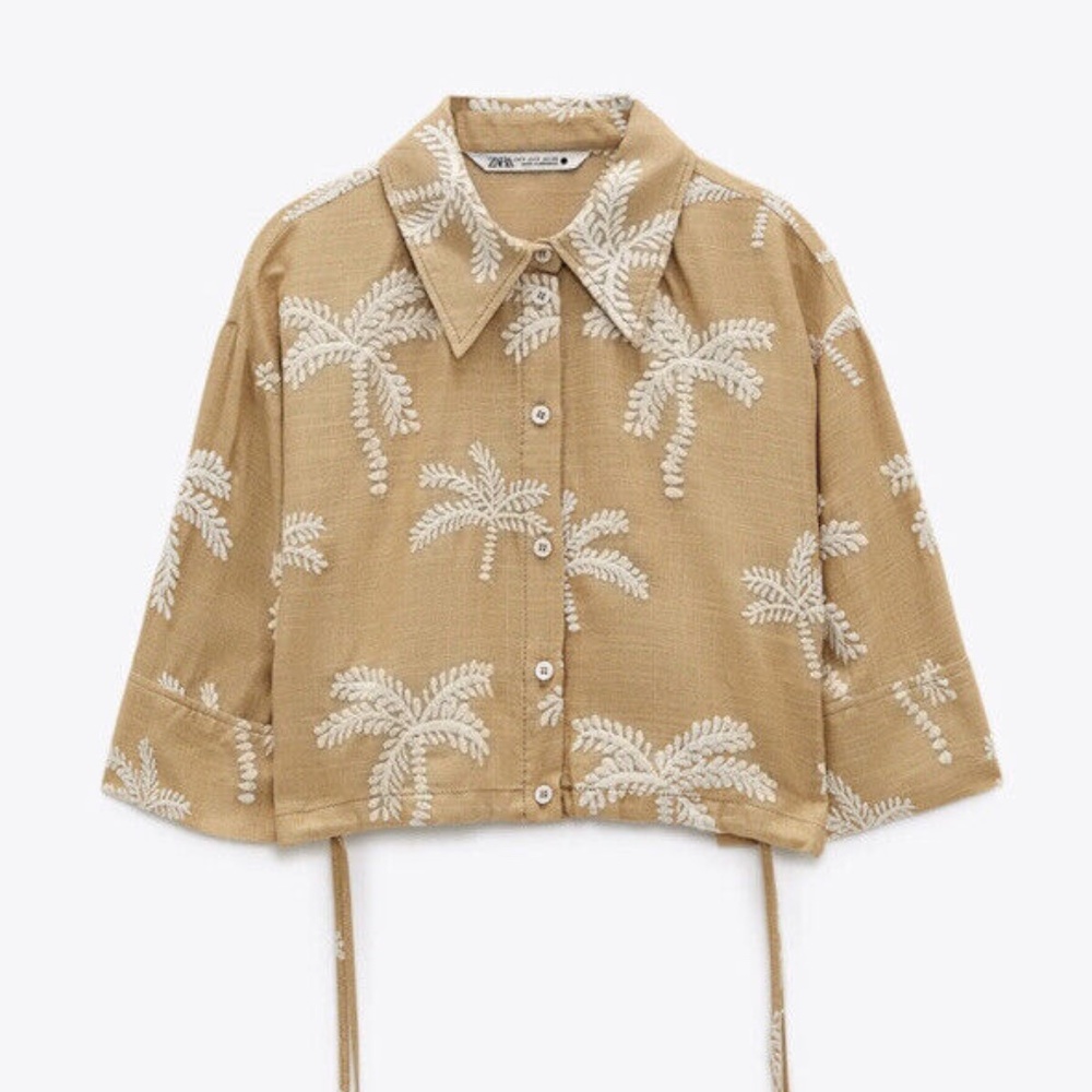 Zara Beige Crop Button-Up Top with White Palm Embroidery